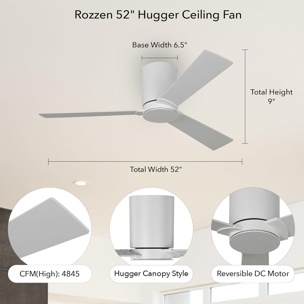Monte Carlo 3RZHR52RZW Rozzen Hugger 52' Ceiling Fan with Remote Control, Reversible DC Motor, Damp Rated, 3 Blades (Matte White)