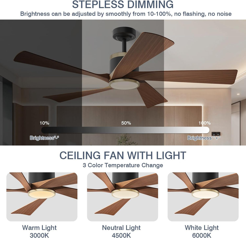 TXCSLY 52'' Ceiling Fans with Lights, Modern Ceiling Fan with Remote Control, Indoor Outdoor Ceiling Fan for Living Room,Bedroom 5 Blade 3 Color Tempearture (Walnut)
