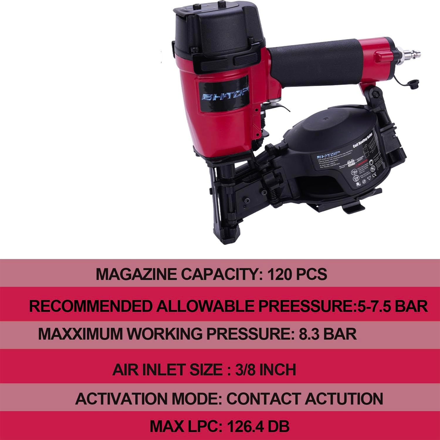 CN45N Roofing Nailer, 15 Degree Roofing Nail Gun, 3/4-Inch to 1-3/4-Inch Coil Nails, 120-pcs Load Capacity Coil Nailer in Red
