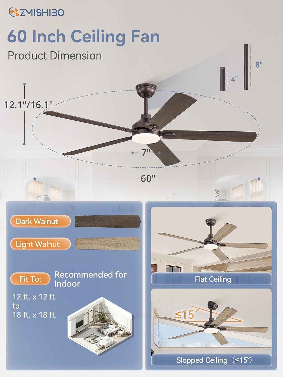 ZMISHIBO 60' Ceiling Fans with Lights, Oil Bronze Farmhouse Ceiling Fan with Remote, Rustic Indoor Ceiling Fan with Dual Finish Blades, Quiet & Strong Motor, Bright LED Light.