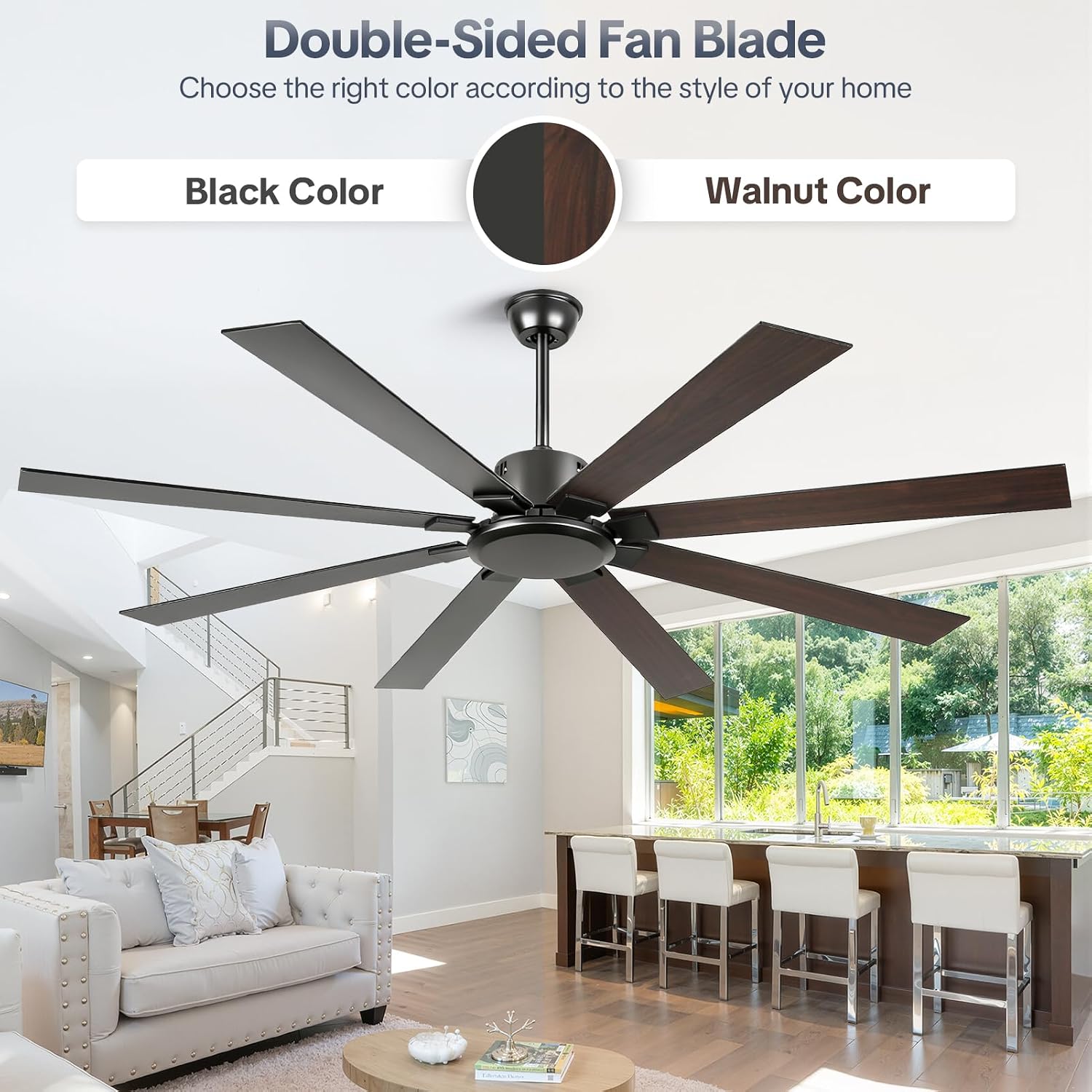 72 Inch Black Ceiling Fan No Light, Modern Ceiling Fan with Remote, 6-Speeds, Quiet Reversible DC Motor, Industrial Ceiling Fans without Lights for Patios, Living Room, Garage
