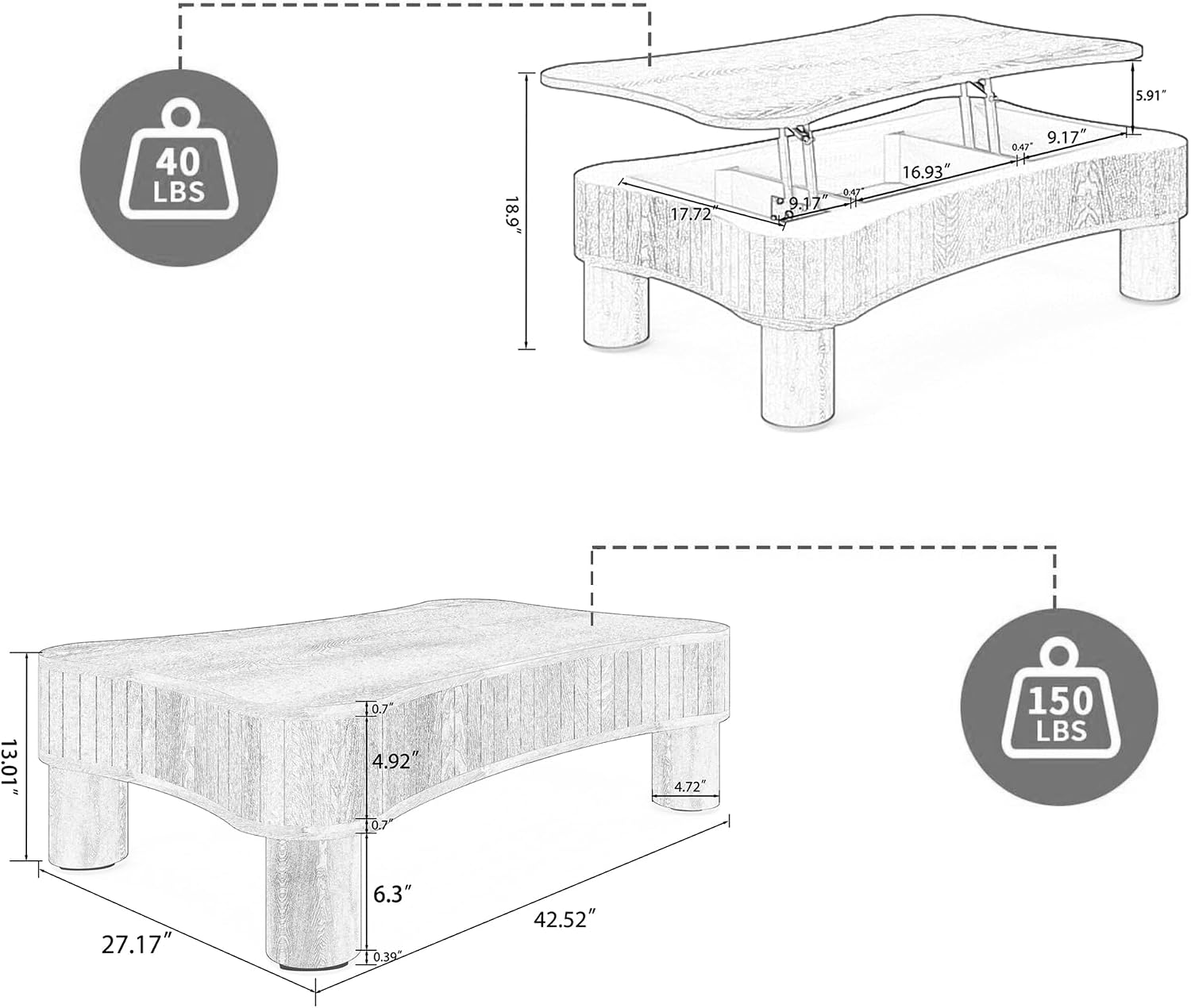 Zurnes Lift Top Coffee Table with Storage, 42' Accent Table for Living Room, Fluted Panel Hidden Storage, Silent Hydraulic Lift, Curved Corners, Easy Assembly, Natural Wood