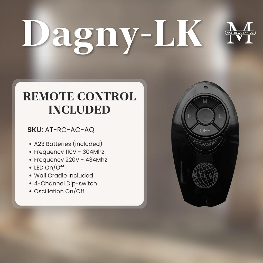 Matthews DGLK-BK-WDBK Dagny LK Damp Rated 41' Dual Motor 360° Rotational LED Ceiling Fan with Light & Remote, Solid Wood Blades, Matte Black