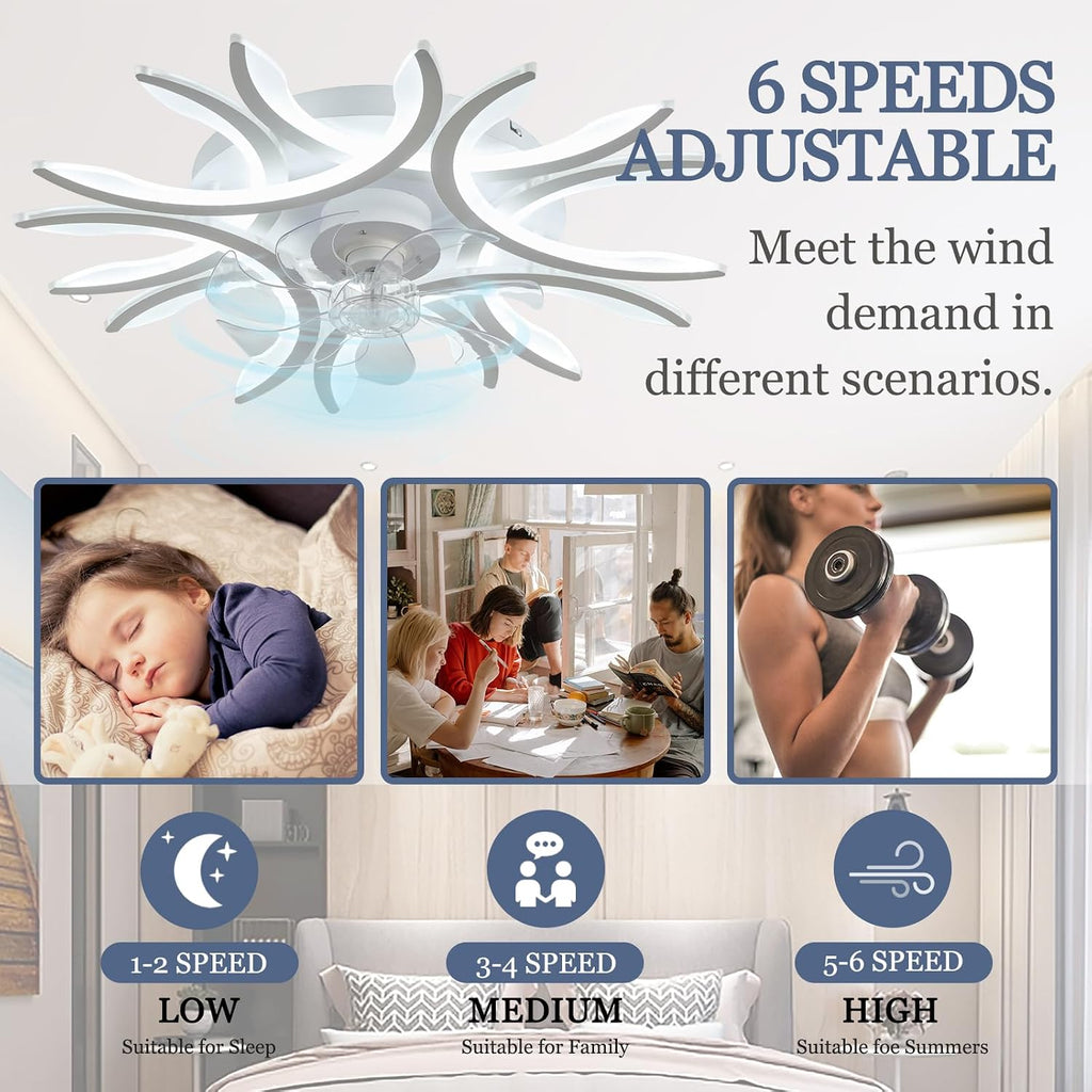 Dimmable LED Ceiling Fan with Light Alexa Compatible 6-Speed Reversible for Bedroom & Living Room Modern Design Timer Memory Function Energy Efficient (White Remote Control+APP)