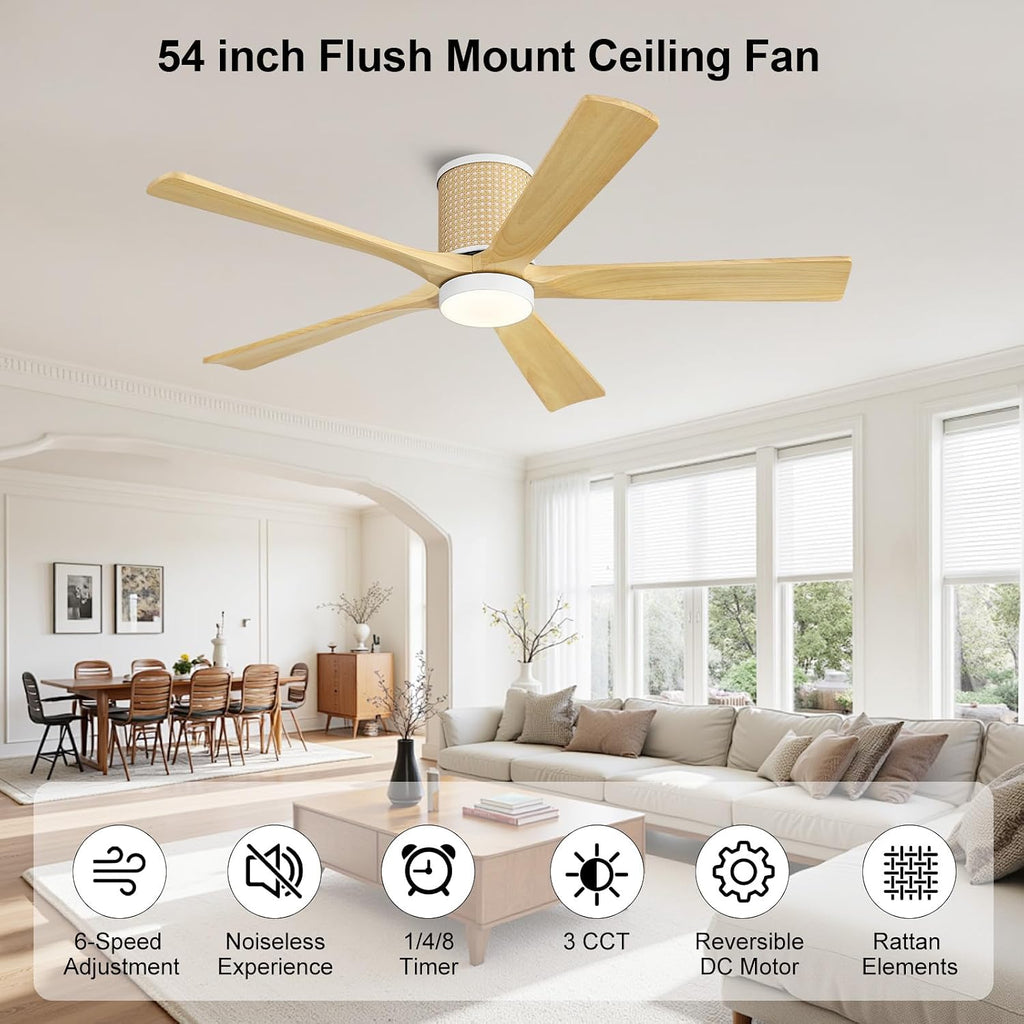 WINGBO Ceiling Fan with Lights - 54 inch Solid Wood Flush Mount Ceiling Fan with Remote,3CCT, Dimmable LED,5 Blades, 6-Speed Noiseless Powerful DC Motor, ETL Listed (White+Light Wood)