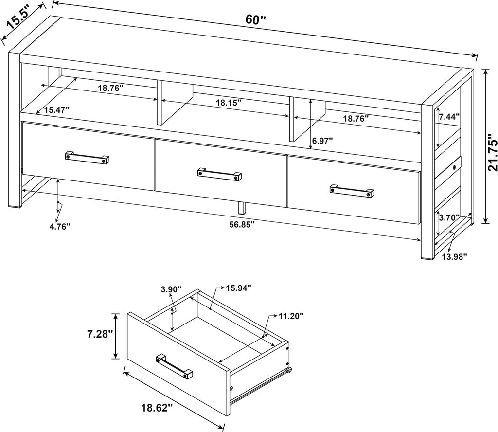 Coaster Home Furnishings - James - Engineered Wood - 60-Inch 3-Drawer TV Stand and Black Metal Finish - Living Room - Dark Pine - 704282