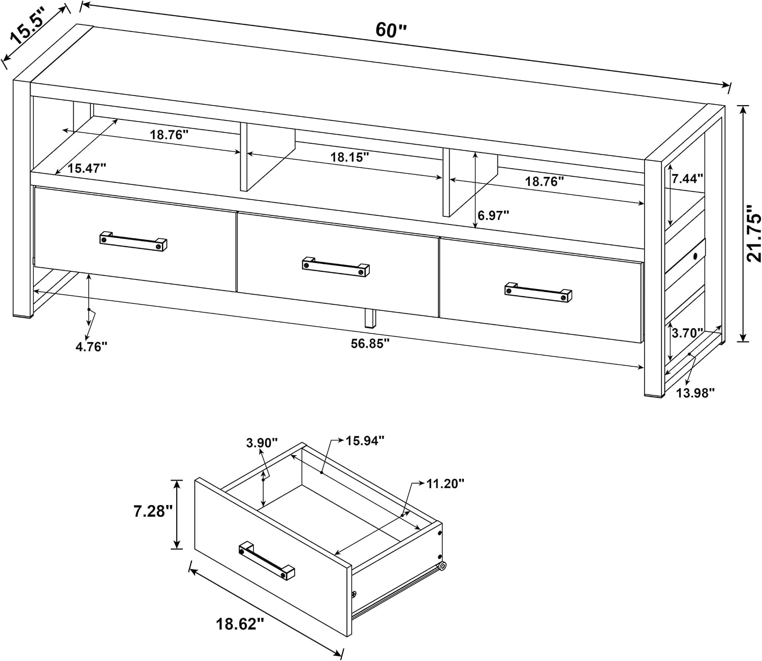 Coaster Home Furnishings - James - Engineered Wood - 60-Inch 3-Drawer TV Stand and Black Metal Finish - Living Room - Dark Pine - 704282
