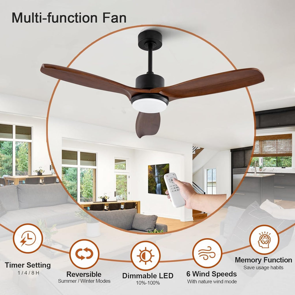 KBZZ 52 Inch Ceiling Fans with Lights and Remote, Solid Wood Blades, Dimmable, Reversible DC Motor, Memory Function, Modern Indoor Outdoor Ceiling Fan with Light for Patio Bedroom (Black Walnut)