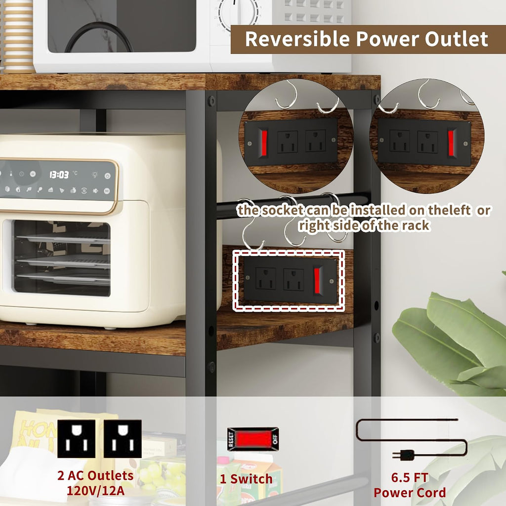 Beverage & Wine Fridge Stand with Movable Basket, Coffee Bar Cabinet with Mini Fridge Space and Power Outlet, Kitchen Storage Organizer with Worktop, Microwave Oven Stand Rack for Home, Dorm, Office
