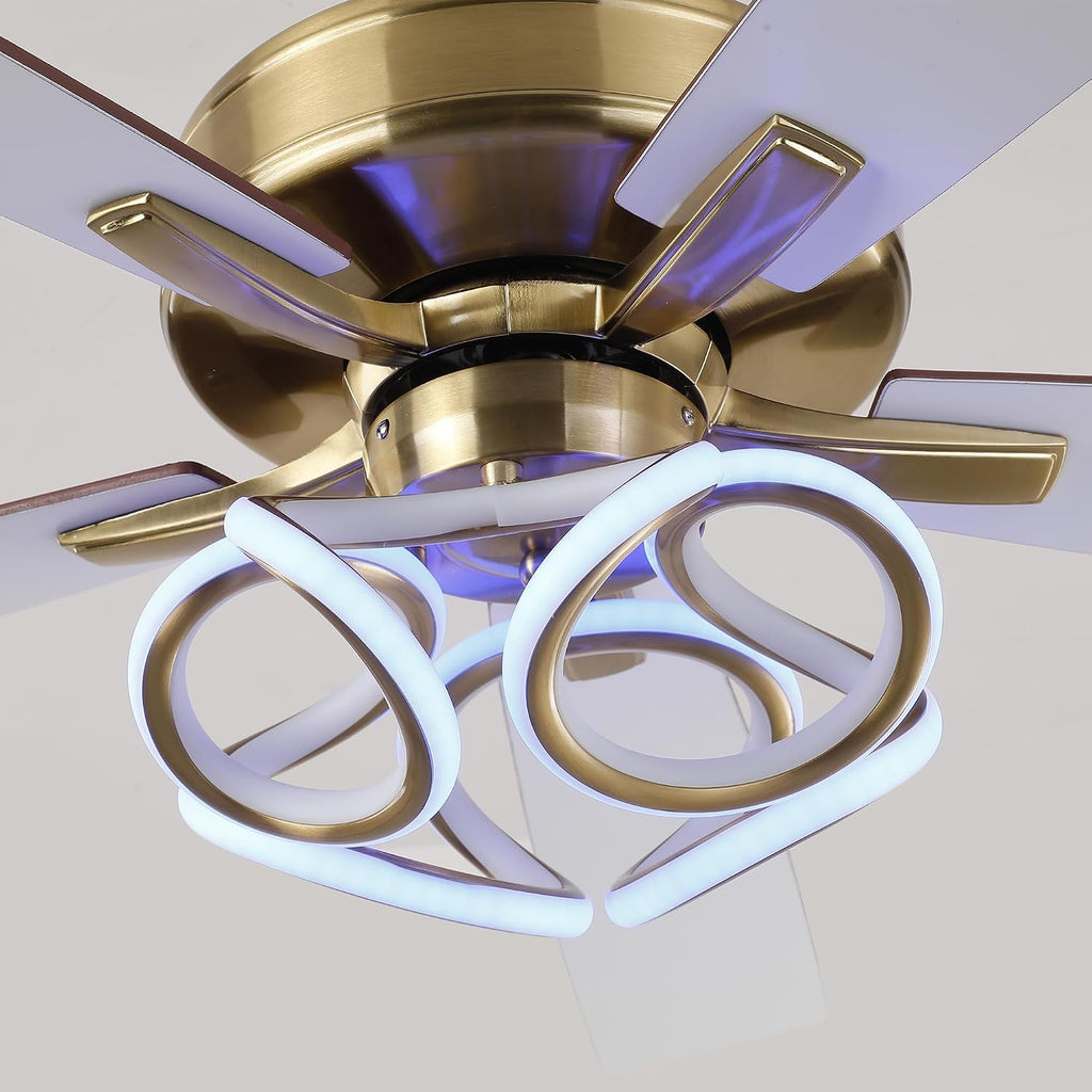 52 Inch Gold Ceiling Fan with Lights and Remote/APP, RGB Color Changing LED Ceiling Fan, Modern White & Gold Ceiling Fan for Living Room Bedroom, 3CCT, 6 Speeds, Indoor Luxury Ceiling Fan