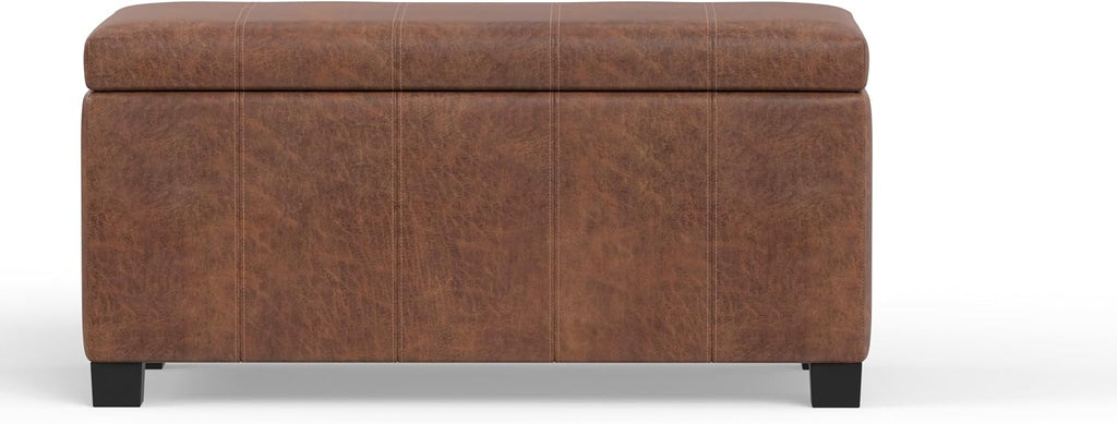 SIMPLIHOME Dover Storage Ottoman Bench - 36 inch Wide Upholstered Vegan Leather Rectangular Lift-Top Ottoman in Distressed Umber Brown, Contemporary Bench for Living Room with Safety Hinges