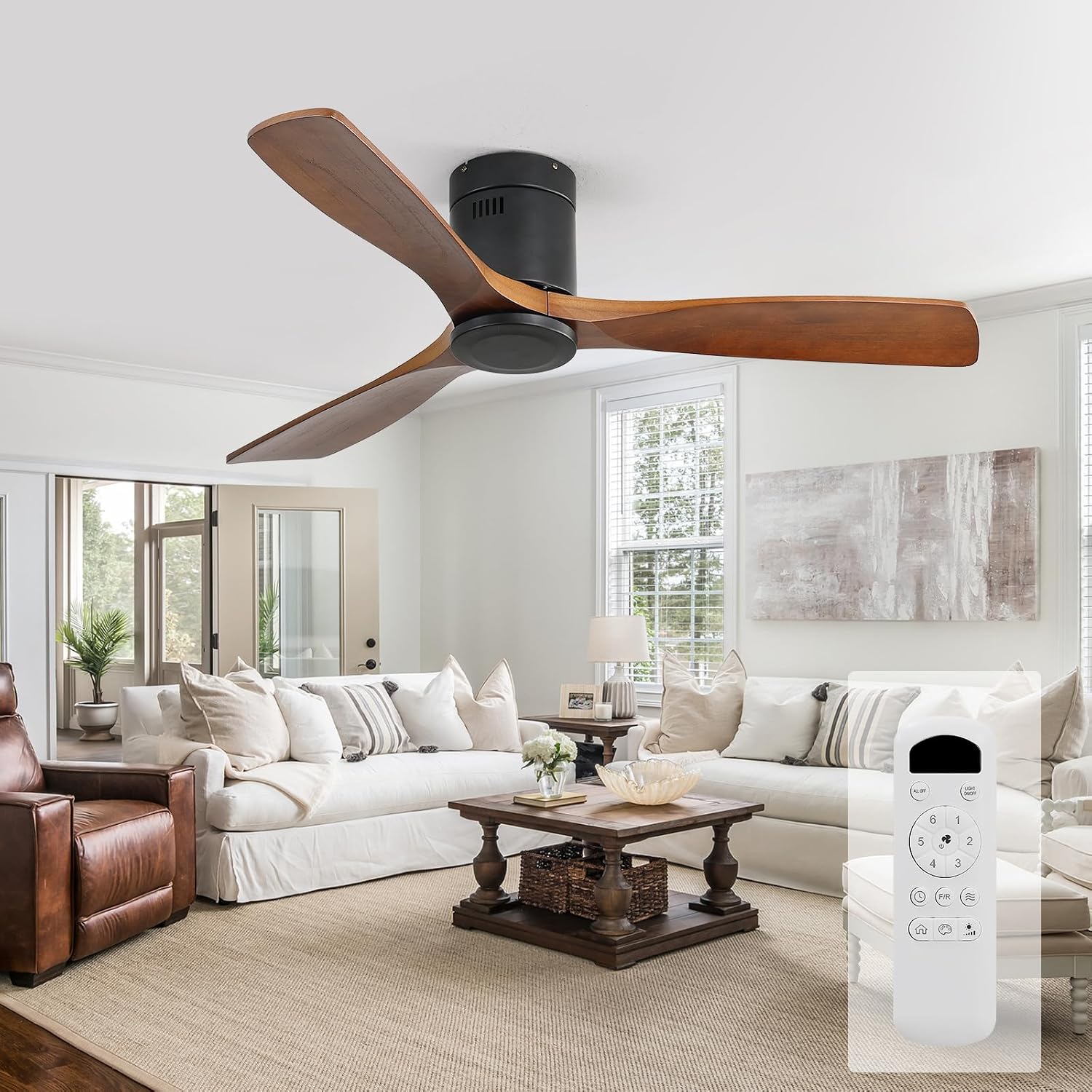 Sofucor 52' Low Profile Ceiling Fan with Remote Control, Outdoor Ceiling Fan No Light with 3 Walnut Blades, Multi-speed, Timer, Reversible DC Motor for Patio Living Room Bedroom Office Black