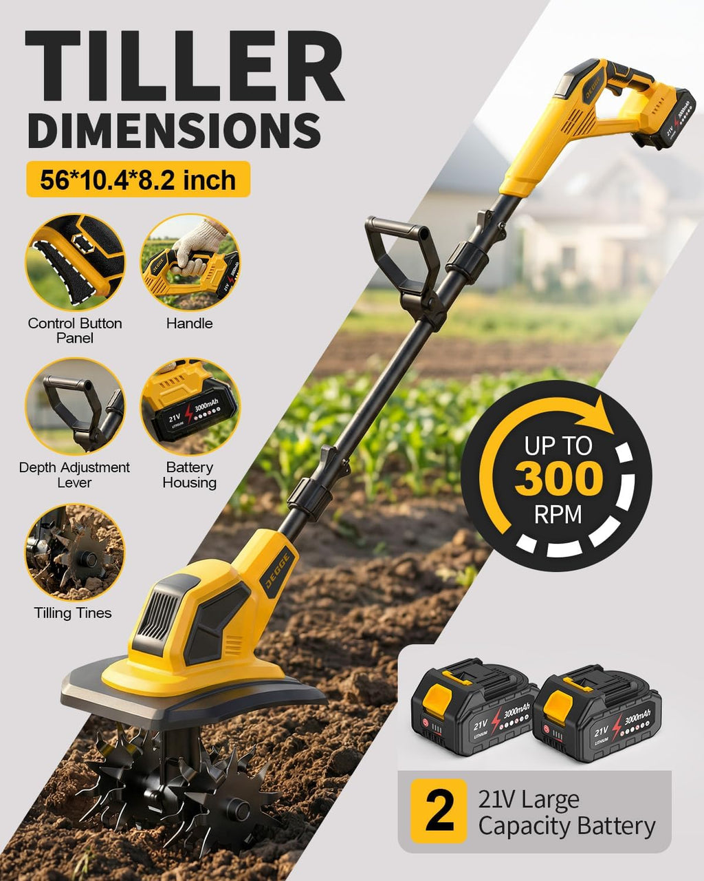 DEGGE Tiller, Cordless Tiller, ToolYellow