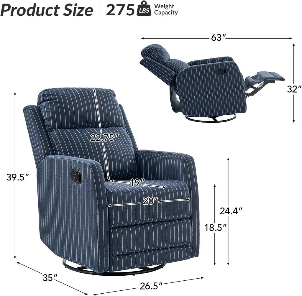 HULALA HOME Swivel Rocker Recliner Adjustable Home Theater Single Fabric Recliner Sofa Furniture, Living Room Rocking Recliner Chairs Nursery, Set of 2 Navy Striped Pattern