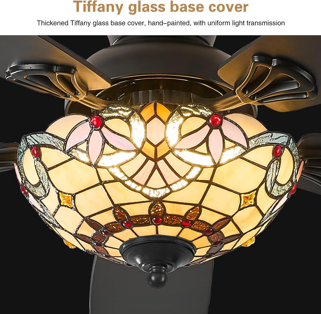 Tiffany Ceiling Fans with Lights - 52' Ceiling Fan Chandelier with 5 Dual-Blades and Glass Shade, 6 Speeds and Reversible, Indoor and Outdoor, Retro Style
