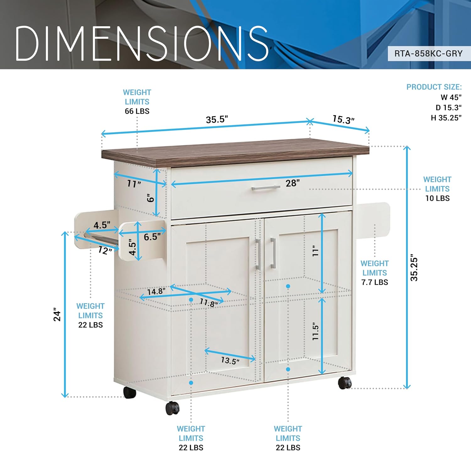 Deluxe Mobile Kitchen Island Cart with Water Resistant Top, Storage Cabinets, Adjustable Shelves, Spice Rack & Paper Towel Holder, Coffee Bar or Rolling Kitchen Cart with and Locking Wheels