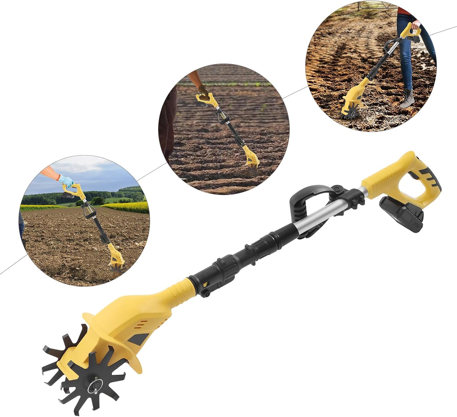 20V Cordless Tiller Cultivator，250RPM Electric Garden Tiller with Charger，Garden Rototiller for Lawn Gardening Soil Cultivation