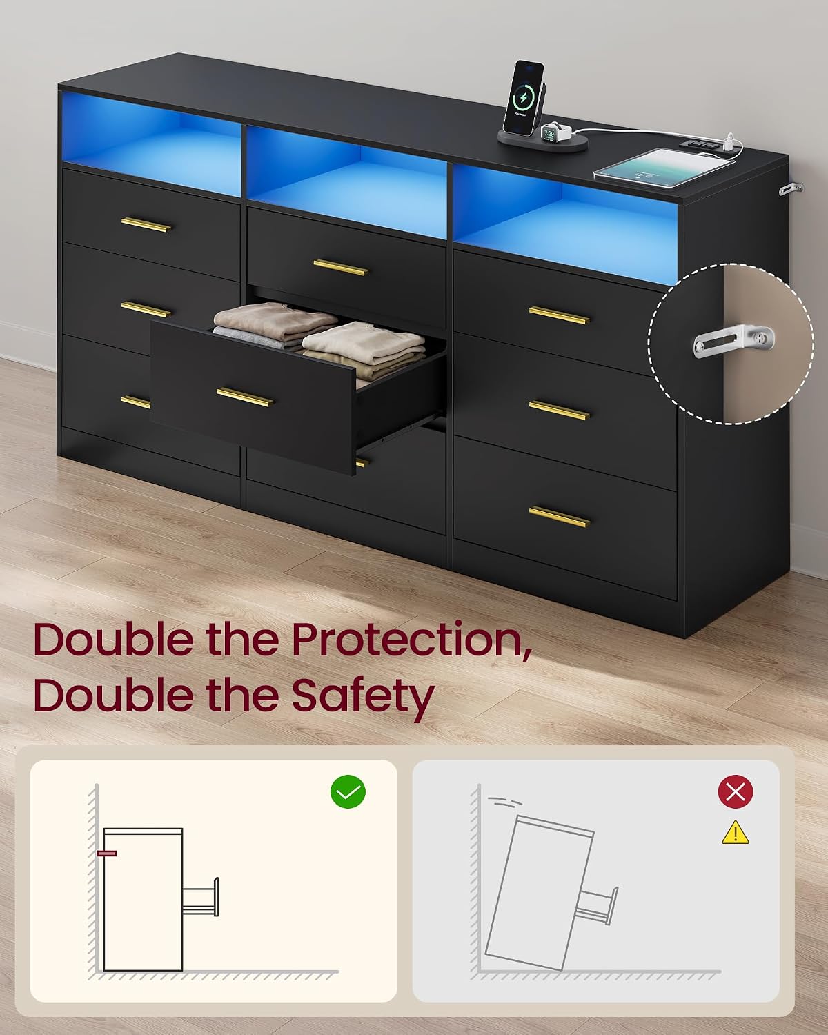 VASAGLE Custos Collection - Dresser for Bedroom, with LED Lights and Power Strip, Chest of Drawers, Modern, TV Stand for Living Room, 9 Drawers, 15.8 x 63 x 32 Inches, Ink Black ULTS319BC01S