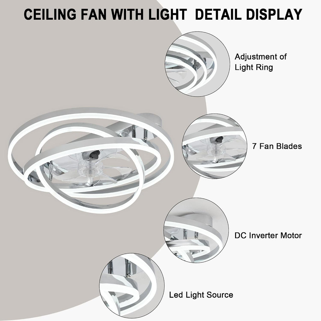 24' Modern Ceiling Fans with Lights and Remote Control,Reversible DC Motor,Dimmable,DIY Rings LED,Flush Mount Low Profile Ceiling Fan with Light for Living Room/Dining Room/Bedroom