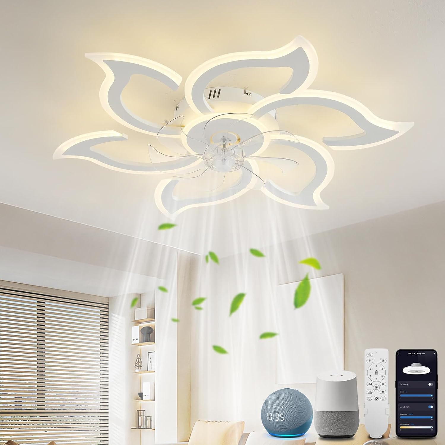 Ceiling Fan with Light and Remote, Ceiling Fan Lamp, Compatible with Alexa Google Home, Intelligent Ceiling Blades with Light and Remote Control, Dimmable, Reversible 6 Speeds, DC Motor (Color : 1)