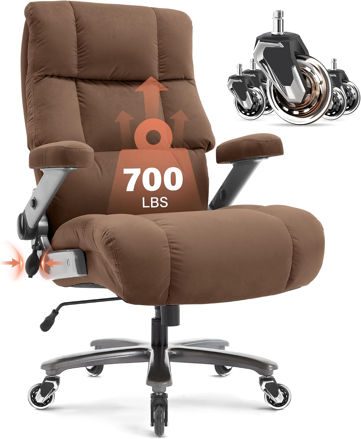 Big and Tall Office Chair 700lbs- Fabric Executive Desk Chair with Adjustable Lumbar Support 3D Flip UP Arms- Heavy Duty Quiet Wheels Metal Base Ultra-Soft Upholstered Ergonomic Computer Chairs, Brown