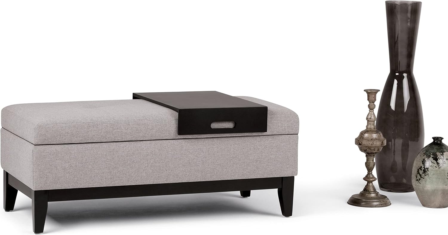 SIMPLIHOME Oregon Storage Ottoman Bench with Tray - 42 inch Wide Upholstered Linen Look Fabric Rectangle Storage Ottoman Bench in Cloud Grey, Transitional Tufted Ottoman for Living Room with Lift Top
