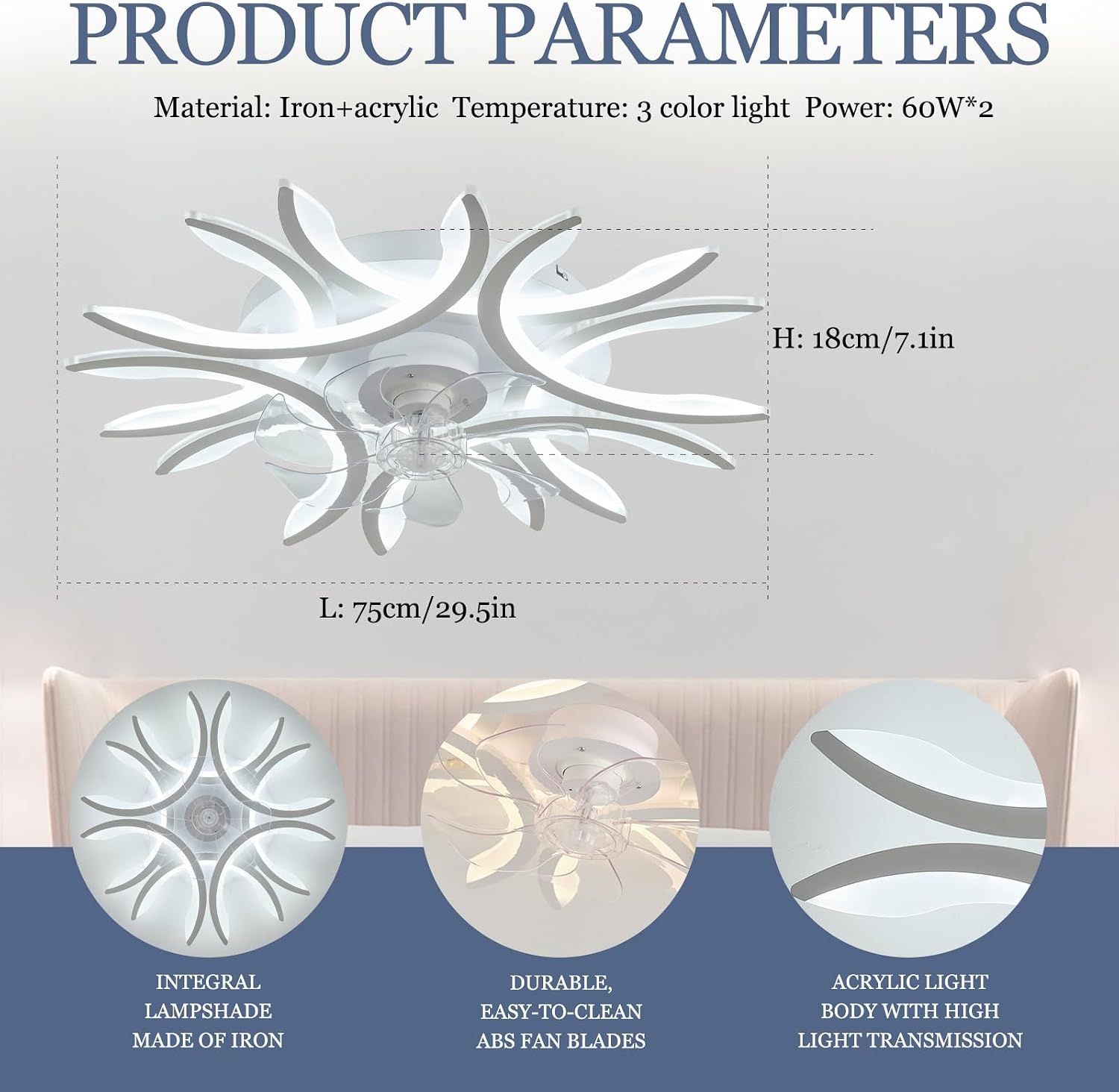 Dimmable LED Ceiling Fan with Light Alexa Compatible 6-Speed Reversible for Bedroom & Living Room Modern Design Timer Memory Function Energy Efficient (White Remote Control+APP)