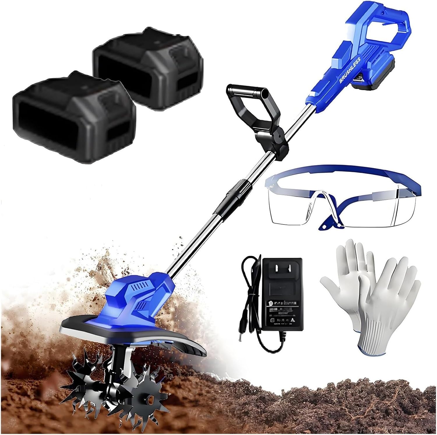 3-in-1 Soil Tiller,Electric Garden Rotavator ，With2 X 2600mahBattery, 4 Steel Blades, Foldable Cultivator Tool for Weeding and Loosening