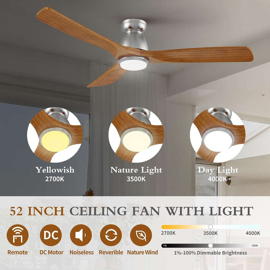 52' Smart Low Profile Ceiling Fans with Dimmable Lights Remote, Whisper-Quiet DC Motor,Outdoor Indoor Flush Mount Ceiling Fan,Control with WIFI Alexa App,3 Antique Solid Wood Blades,for Living Room
