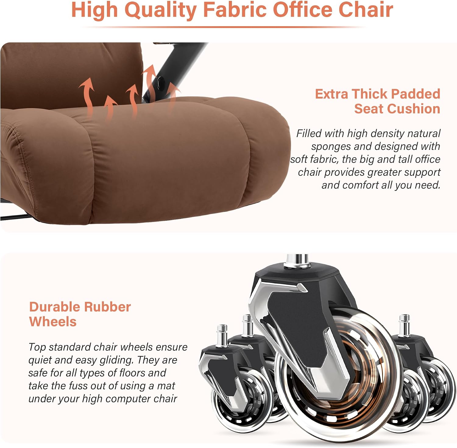 Big and Tall Office Chair 700lbs- Fabric Executive Desk Chair with Adjustable Lumbar Support 3D Flip UP Arms- Heavy Duty Quiet Wheels Metal Base Ultra-Soft Upholstered Ergonomic Computer Chairs, Brown