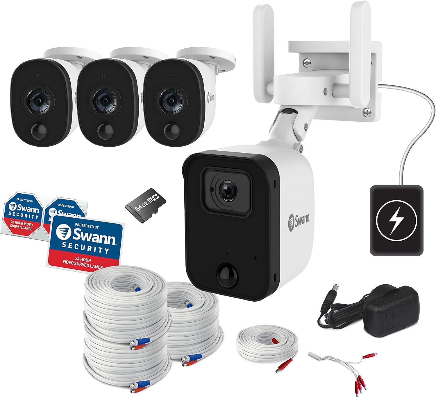 Swann Fourtify Security Camera System with 64GB Micro SD Card,1080p Wireless Surveillance Cameras Outdoor Indoor, 1+3 Cam No Hub Required, Night Vision, Siren 2-Way Audio Heat and Motion Detection