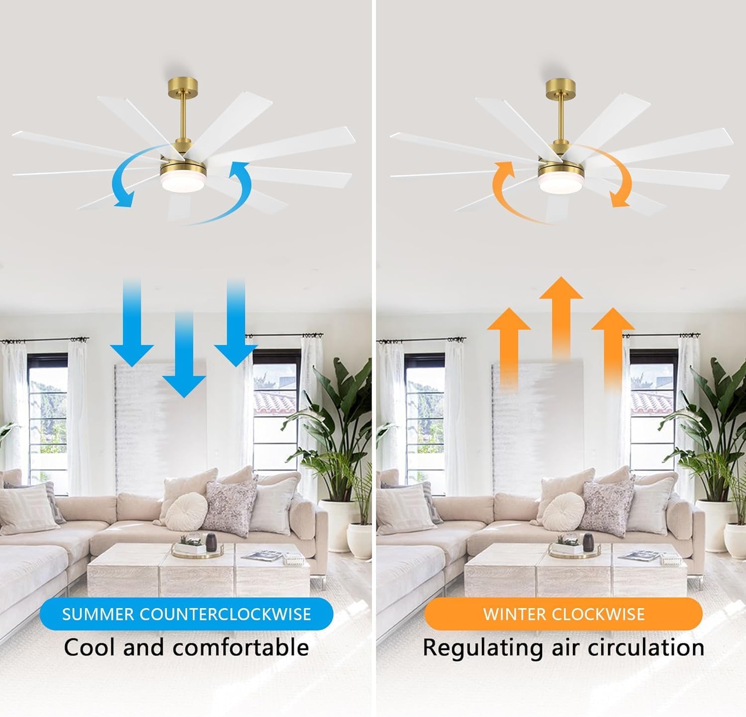 LEDLUX 72' DC Motor Ceiling Fan with Light, 6-Speed Remote Control, Reversible Motor, Modern 9 Blades Ceiling Fan 4.5'/12'/24' Downrods for Home or Commercial, Living Room/Restaurant White/Gold