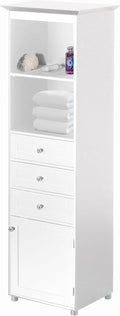 Basicwise Freestanding Storage Cabinet with Shelves Drawers & Door Linen Tower Organizer for Towels Toiletries and Essentials Floor Standing Cupboard for Bathroom or Laundry Room, White