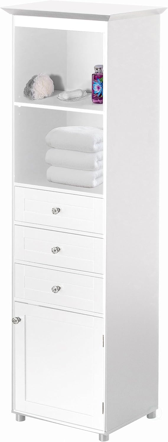 Basicwise Freestanding Storage Cabinet with Shelves Drawers & Door Linen Tower Organizer for Towels Toiletries and Essentials Floor Standing Cupboard for Bathroom or Laundry Room, White
