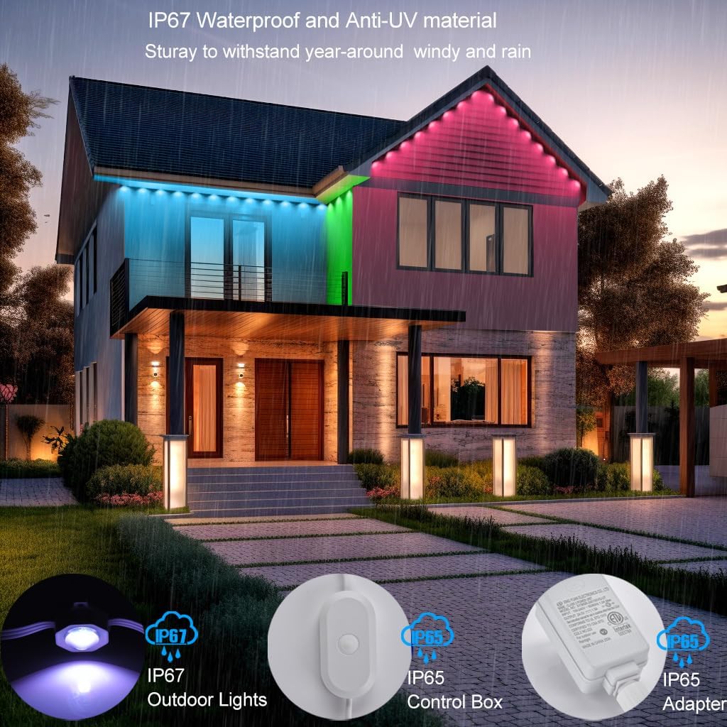 Rosykite Outdoor Christmas Lights - 50ft Smart RGB+IC Color Eaves Lights with 63 Scene, IP67 Waterproof, Alexa & Google Assistant Voice Control