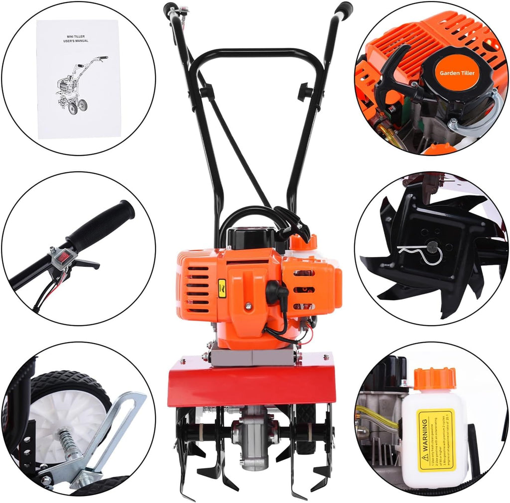 Upgrade Garden Tiller, 2 Stroke Gas Tiller, 9000RPM 1.2L Tiller for Gardening, 3HP/1.65kW Rototiller Gas Powered Garden Tiller,Tiller Cultivator for Farm Plant & Lawn Ploughing, Weeding Orange