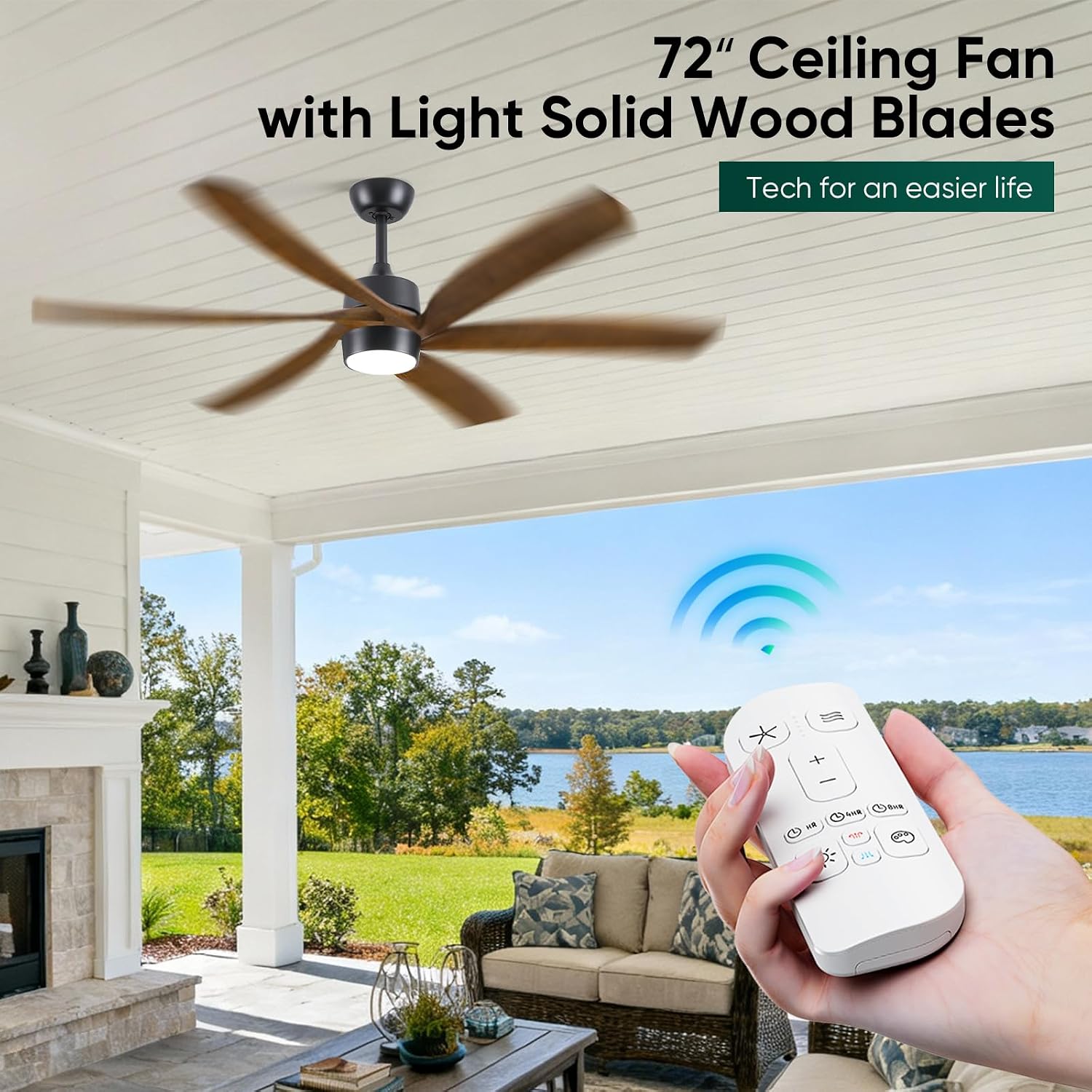 72 Inch Wood Ceiling Fan with Light and Remote, Outdoor Fans for Patio Damp Rated, Large Airflow 9257 CFM, Quiet DC Motor, Modern Farmhouse Style, for Indoor High Ceiling Commercial Shops, Dimmable