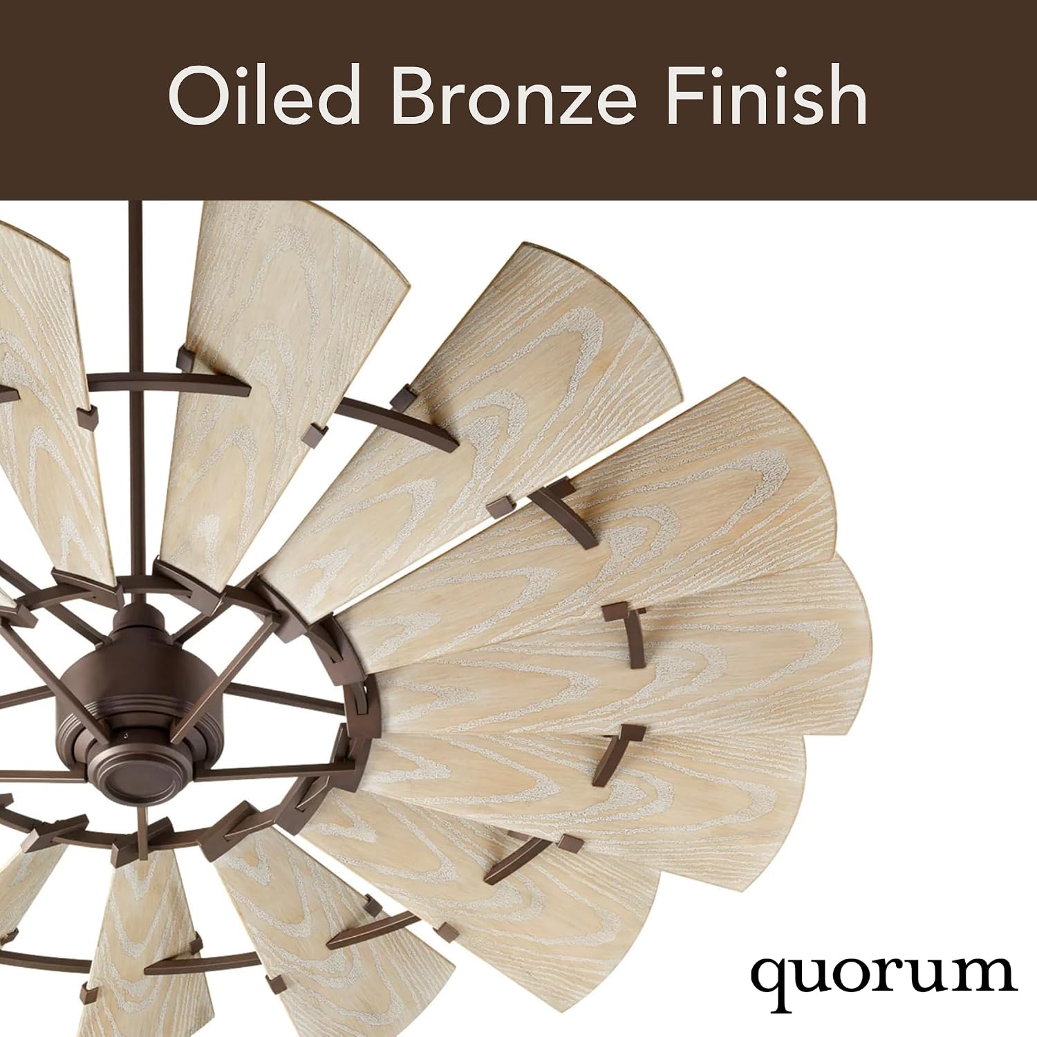 Quorum 196015-86 Windmill 60 Inch Ceiling Fan | 15 Blade Wagon Wheel Design | 6 Speed Reversible DC Motor | Remote Control Included | Damp Rated Fan | Weathered Oak Blades | Oiled Bronze Finish