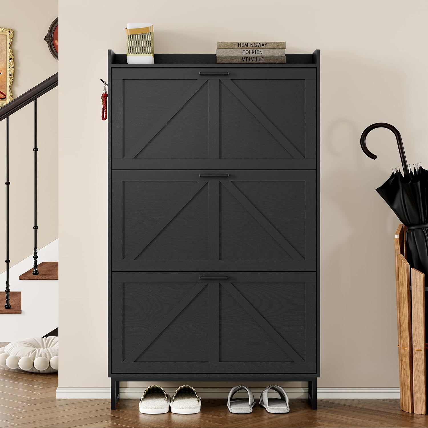 BORNOON Shoe Cabinet with 3 Flip Drawers Narrow Shoe Storage Cabinet Organizer Wooden Freestanding Shoe Rack Hidden Slim Shoes Storage Cabinet for Entryway, Hallway, Living Room, Bedroom