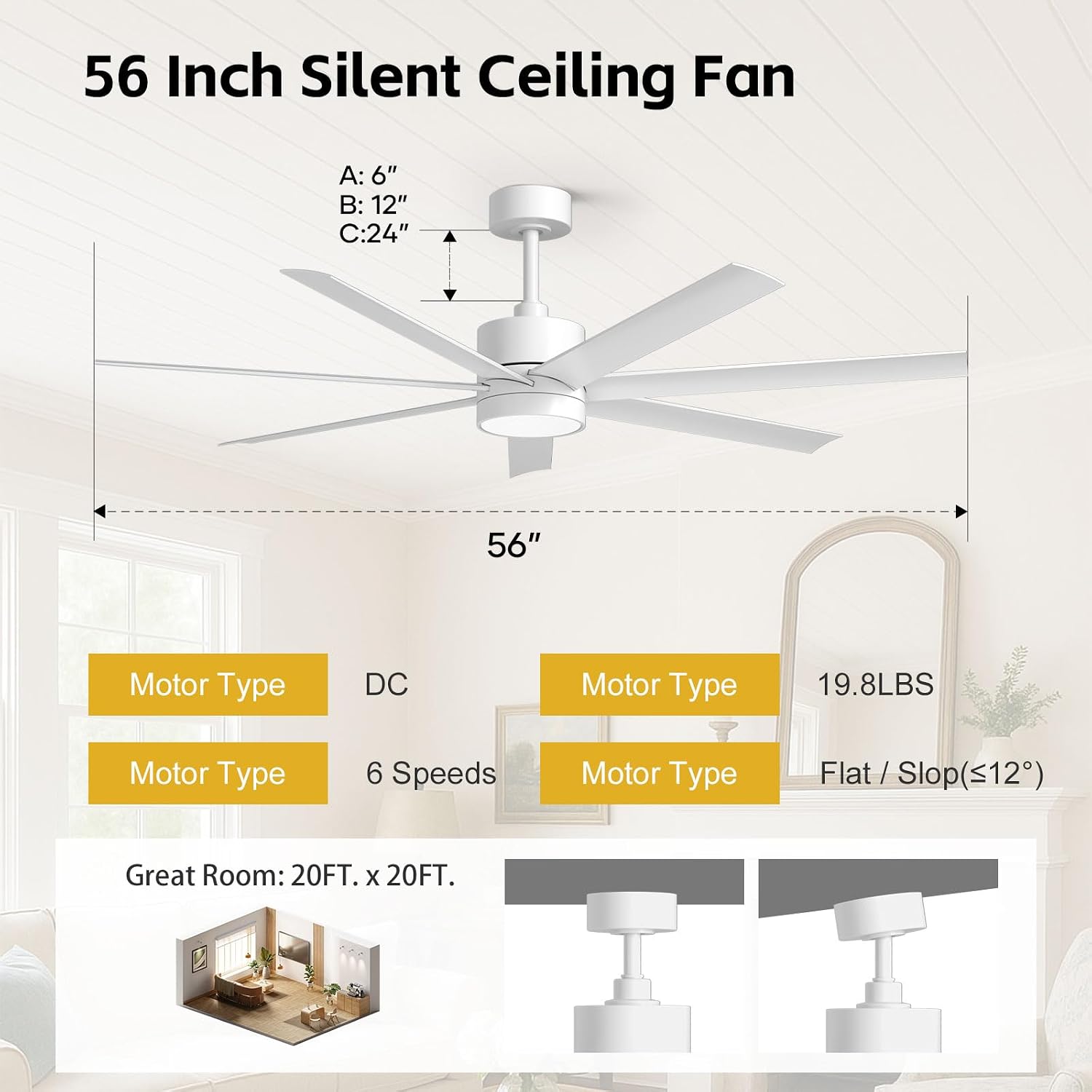 56 Inch Wet-Rated White Outdoor Ceiling Fan with Light, Modern 7 Waterproof Blades All-Weather Design, High CFM Quiet DC Motor, for Exterior Porch, Pergola & Gazebo
