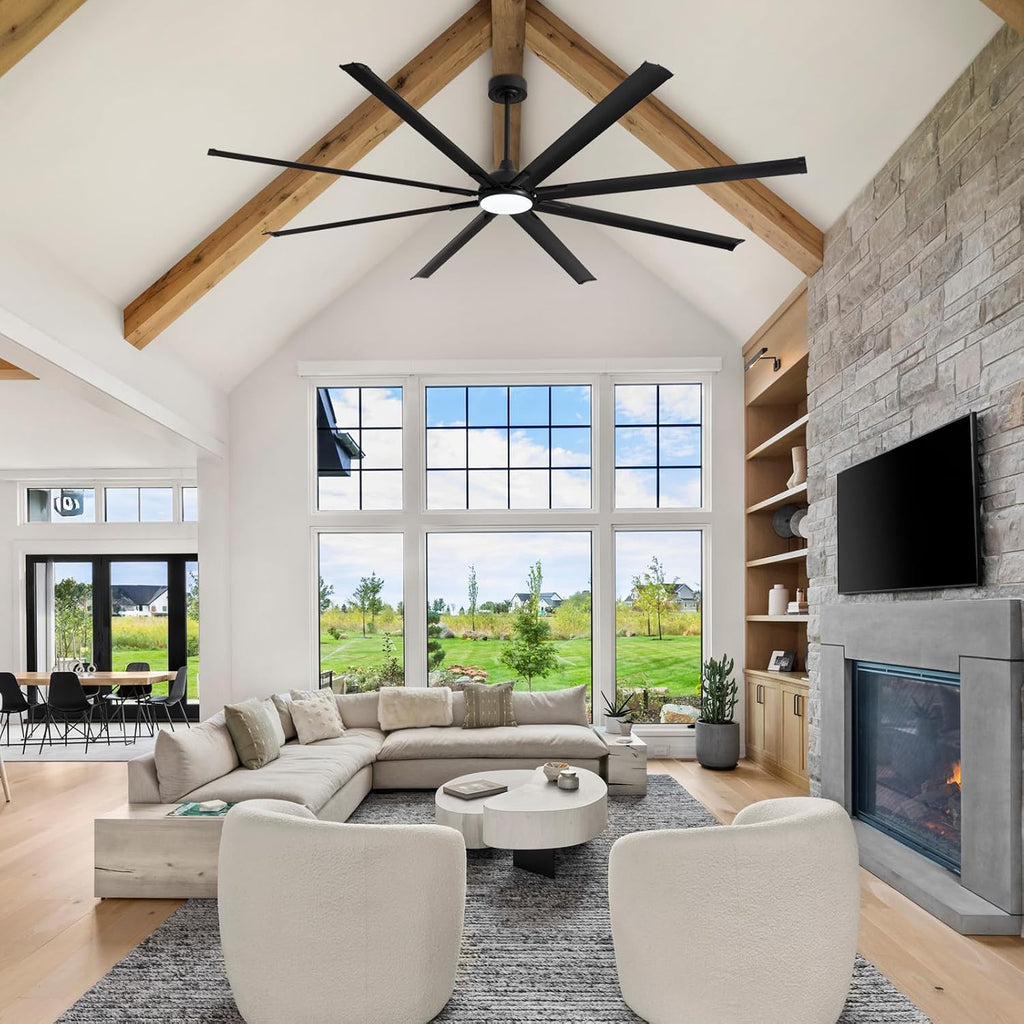 LuminFan 96 Inch Large Ceiling Fan with 8 Aluminum Blades, 6-Speed, 3-CCT, Turbo DC Motor, Remote Black Ceiling Fan for Living Room, Warehouse, Garage - Heavy-Duty Industrial Design