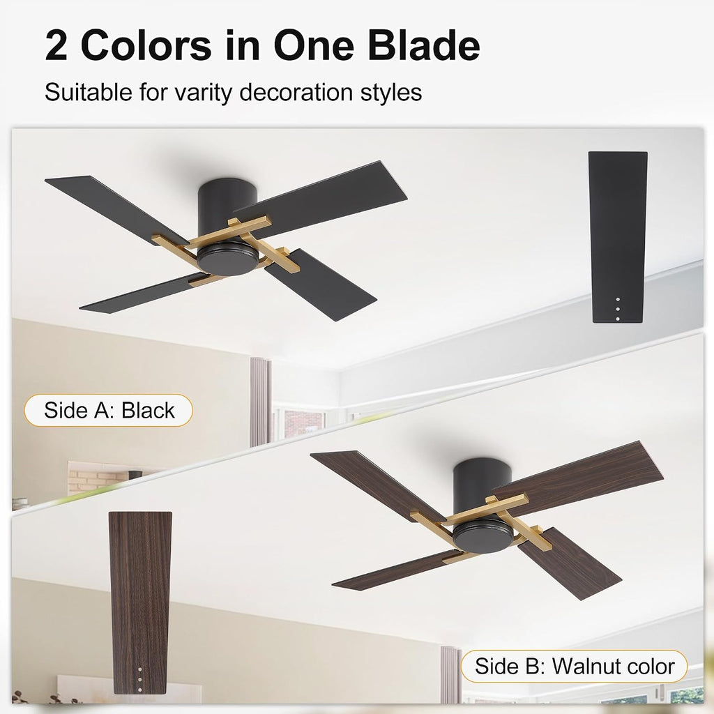 WINGBO 48 Inch Flush Mount Ceiling Fan without Light - 4 Plywood Blades, 6-Speed Reversible DC Motor, Noiseless Low Profile Ceiling Fan No Light for Bedroom Living Room, Gold and Black/Walnut