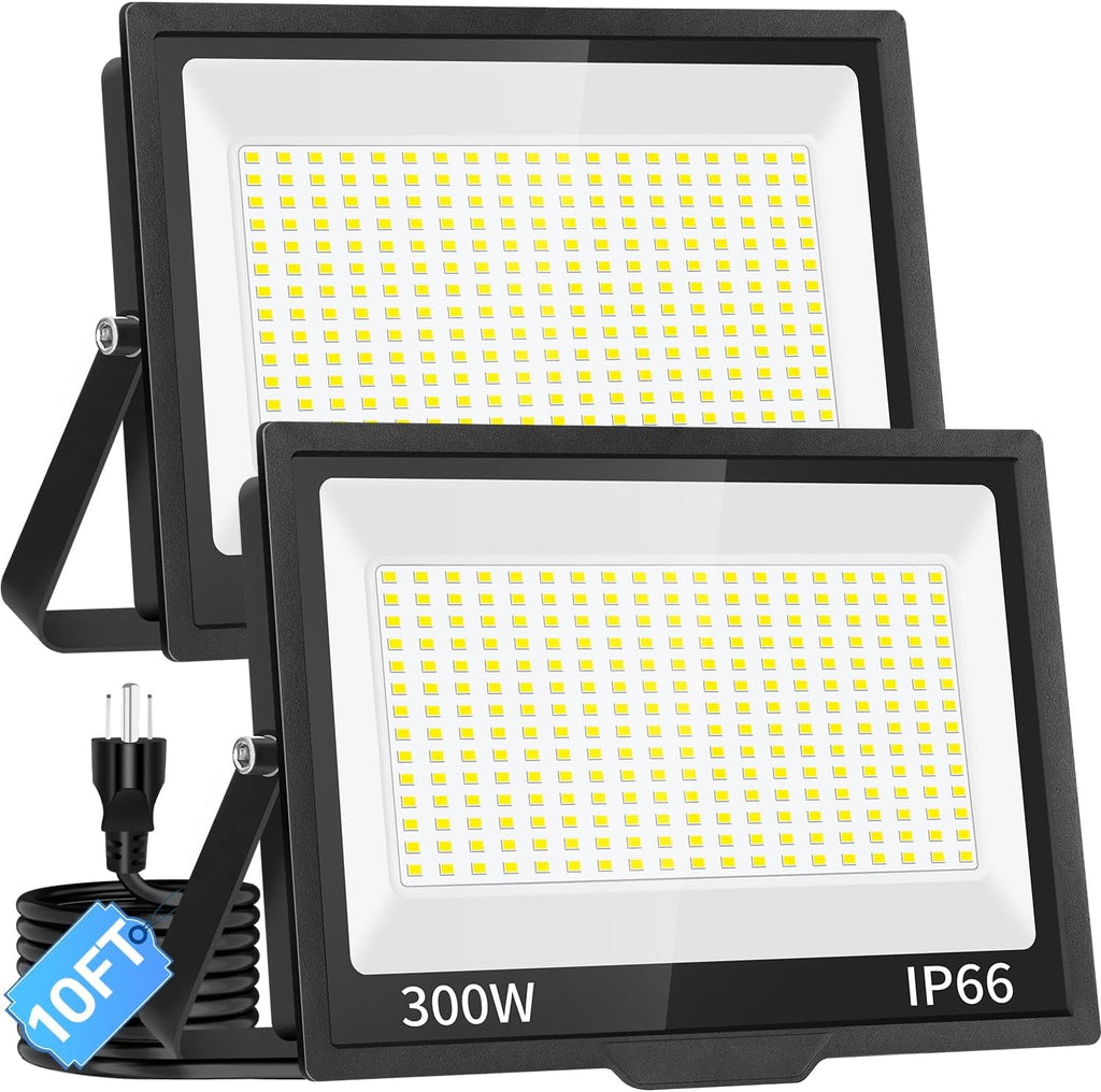 ISUERFY 300W LED Flood Light Outdoor with Plug, 36000LM Ultra Brighter Security Light, IP66 Waterproof Exterior Plug in Floodlight, 5000K Daylight White for Lawn Yard Garden Stadium(2 Pack)