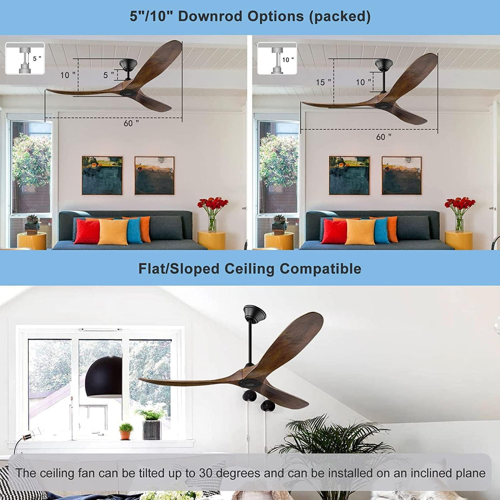 Ceiling Fan without Lights, 60 Inch Outdoor/ Indoor Damp Ceiling Fan 3 Blade low profile Ceiling Fan with Noiseless Energy Efficient DC Motor for Patio Farmhouse Bedroom (60 inch, Walnut Ceiling Fan)