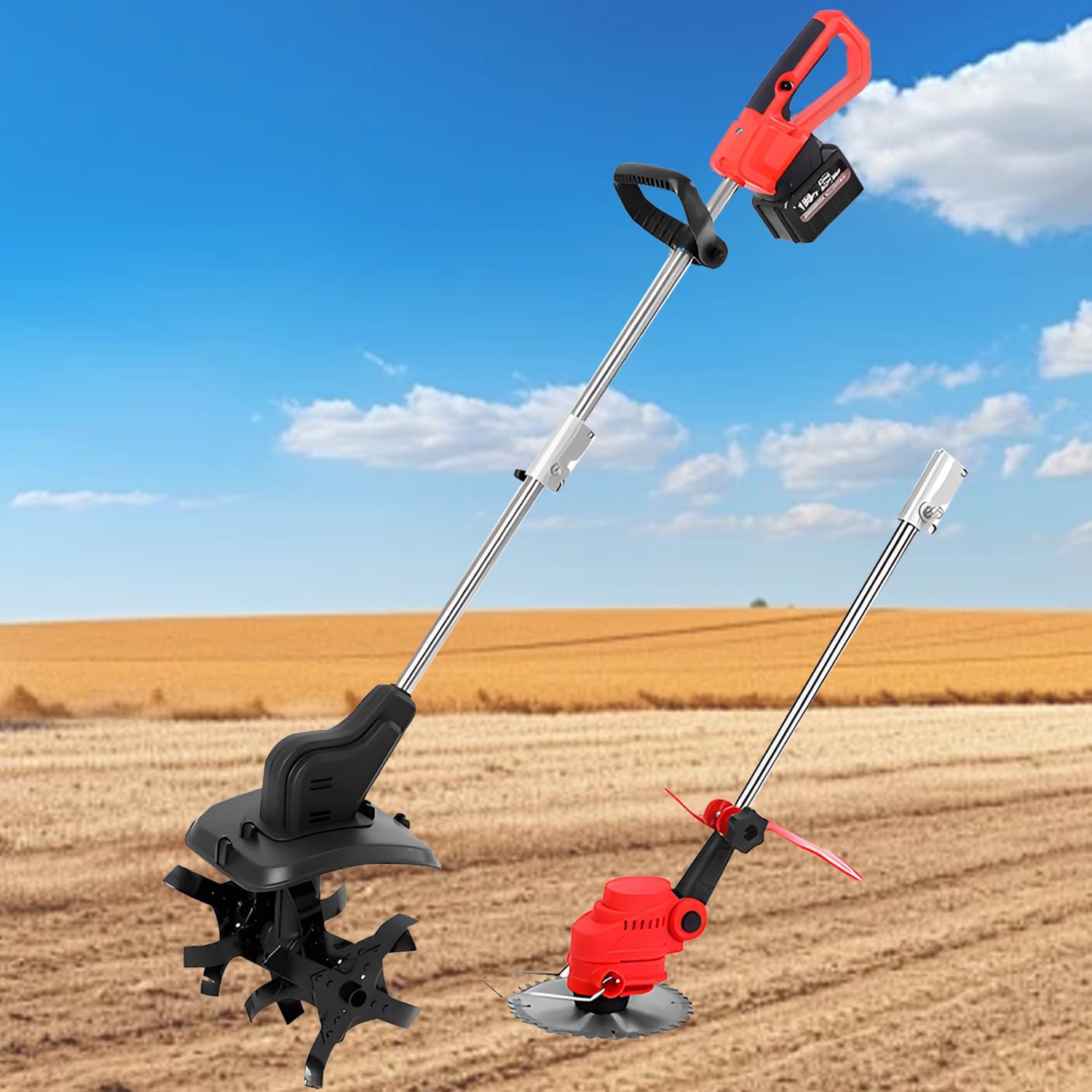 21V Cordless Tiller Cultivator with Steel Tines, Portable Removable Rotary Tiller, Battery Powered Handheld Cultivator, with 2×4/6 Ah Battery, for Farm, Garden, Courtyard,2×6AH