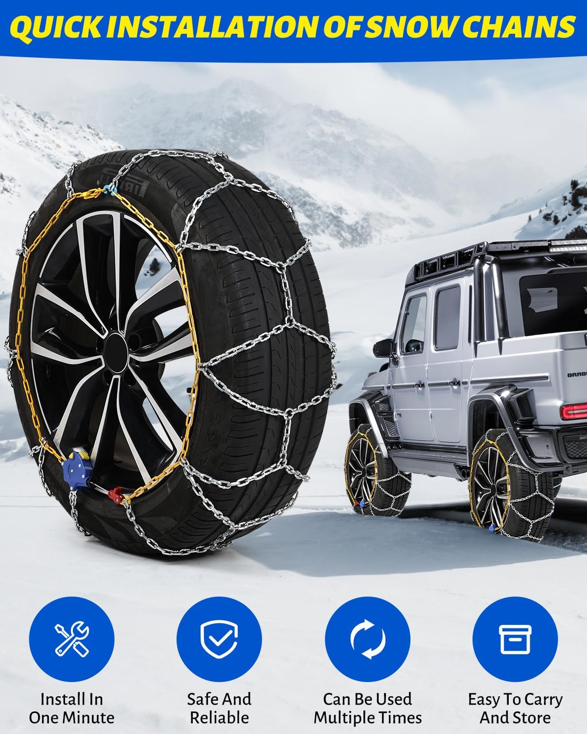 Auto Tightening Snow Chains Tire Chains For Cars Suv Pickup Trucks - Auto Tightening 1 Min Quick Fit AND Easy Installation, Reusable Universal Emergency Traction Snow Chains - Set of 2（HKN80）