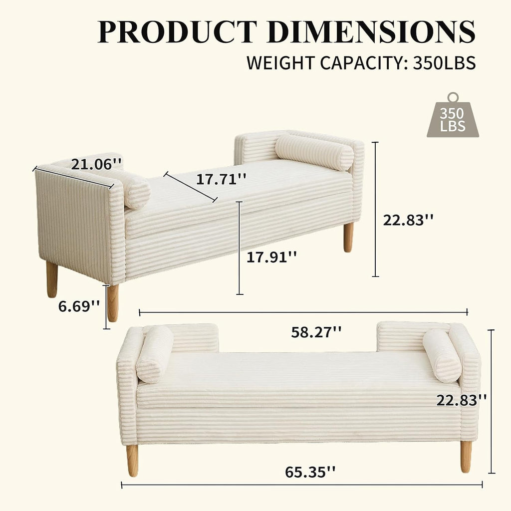 NIOIIKIT 65' Large Storage Ottoman Bench with 2 Pillows, Corduroy Upholstered Entryway Bench with Wood Leg, End of Bed Bench with Straight Armrest, Window Bench for Bedroom, Entryway (White)