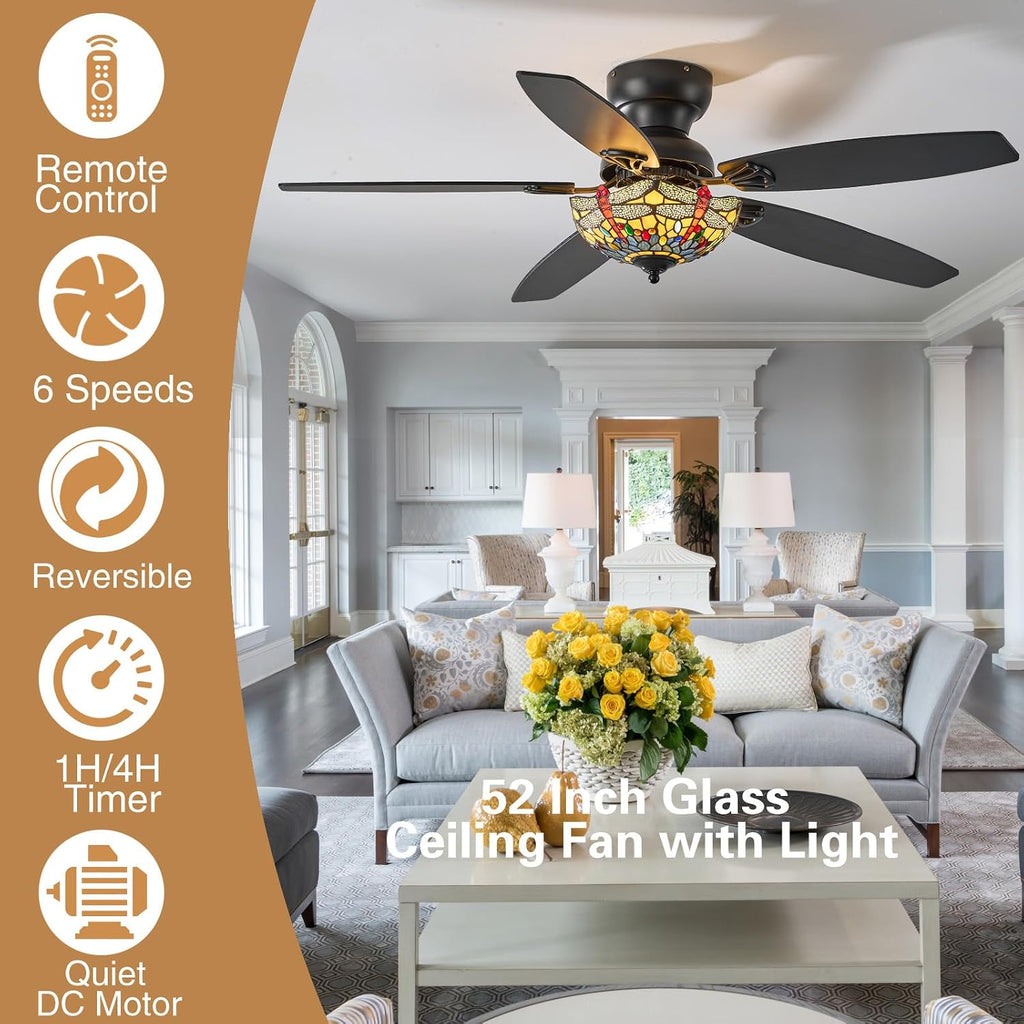 Tiffany Ceiling Fans with Lights - 52' Ceiling Fan Chandelier with 5 Dual-Blades and Glass Shade, 6 Speeds and Reversible, Indoor and Outdoor, Retro Style
