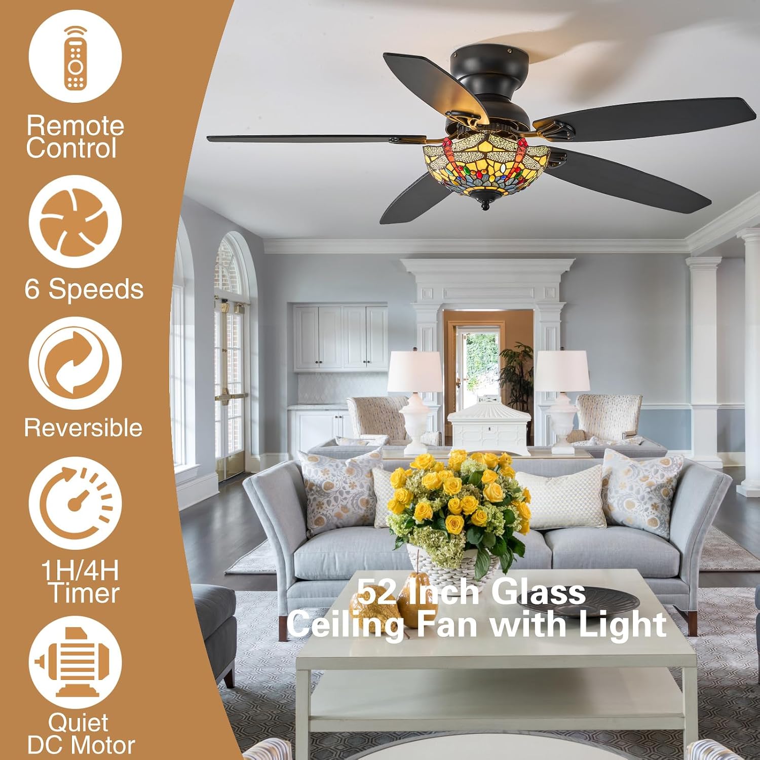 Tiffany Ceiling Fans with Lights - 52' Ceiling Fan Chandelier with 5 Dual-Blades and Glass Shade, 6 Speeds and Reversible, Indoor and Outdoor, Retro Style