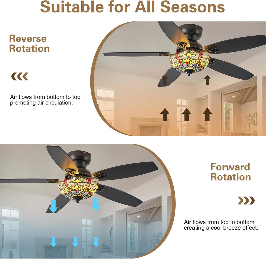 Tiffany Ceiling Fans with Lights - 48' Ceiling Fan Chandelier with 5 Dual-Blades and Glass Shade, 6 Speeds and Reversible, Indoor and Outdoor, Retro Style
